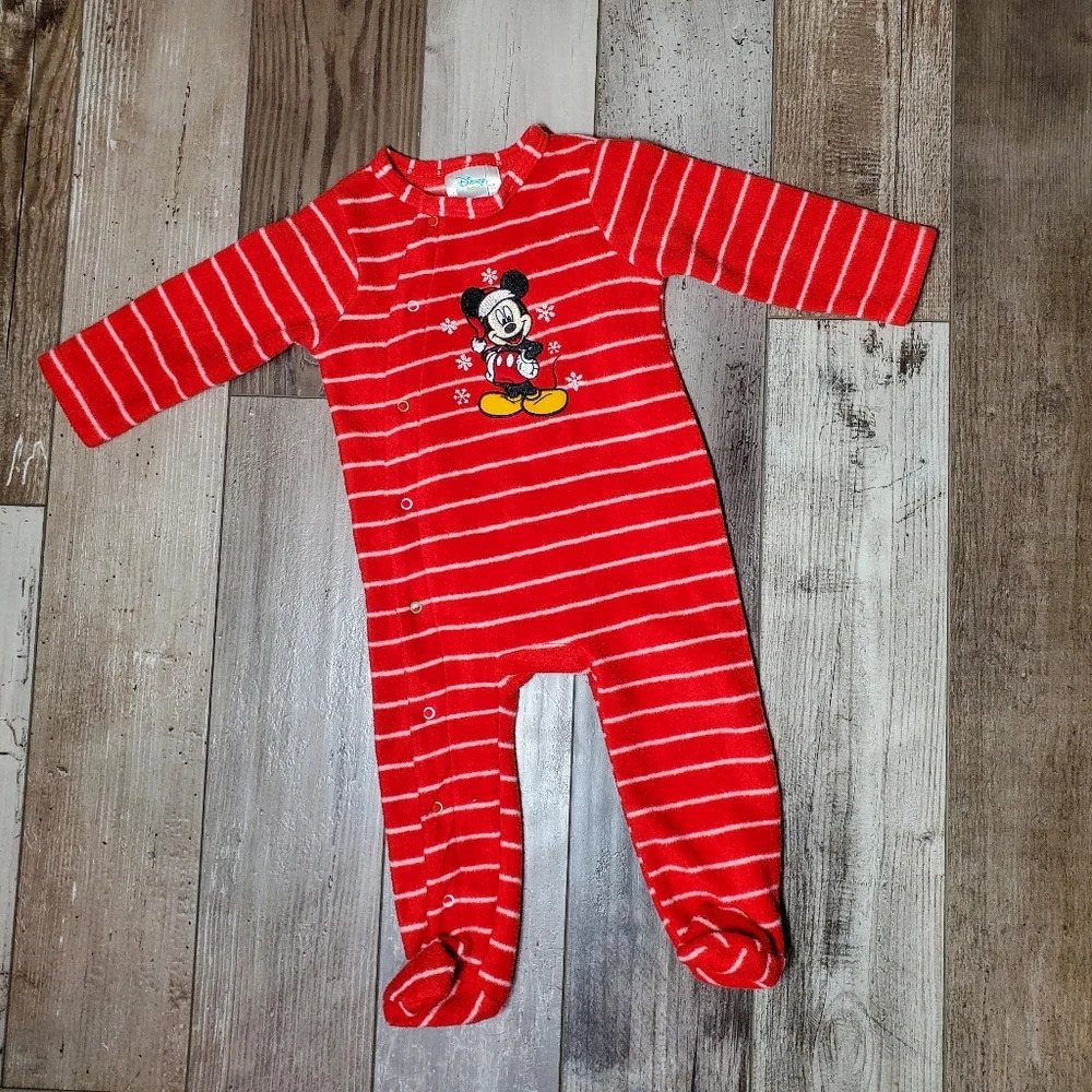 Disney Baby Mickey Mouse Red and White Striped Fleece Footed Pajamas Size 6/9 Mo